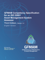 Title page with GFMAM logo on a blue background, GFMAM Competency Specification for an ISO 55001 Asset Management System Assessor, Third Edition, V 1.0, English